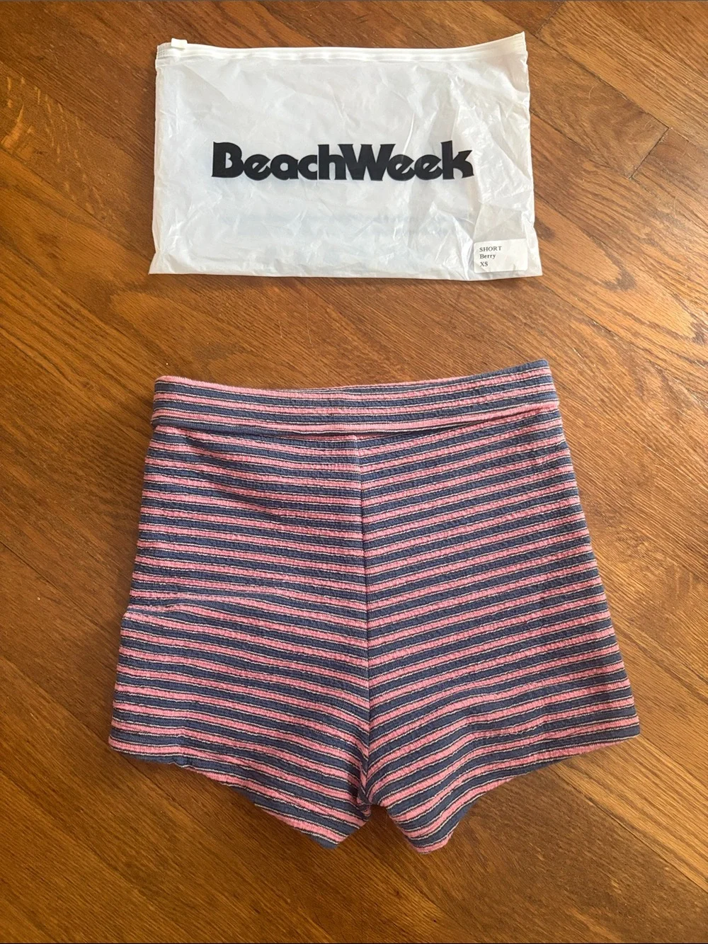 BeachWeek Striped High-Waist Swim Shorts in Pink & Navy